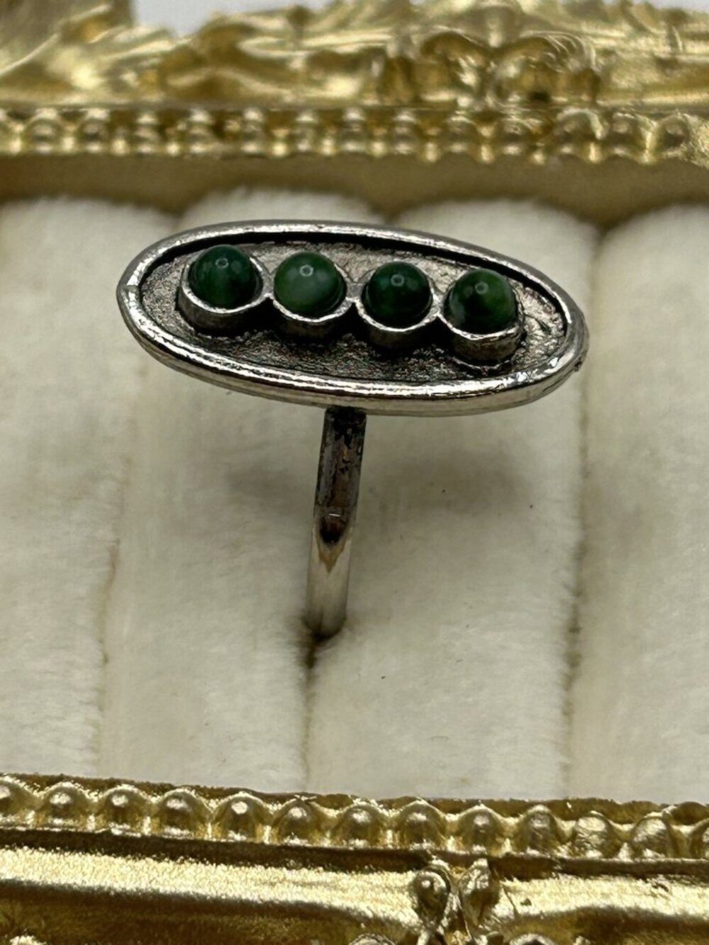 Vintage Silver Tone Green Cabochon Adjustable Ring Size 6 Costume Jewelry Gift - Picture 6 of 11